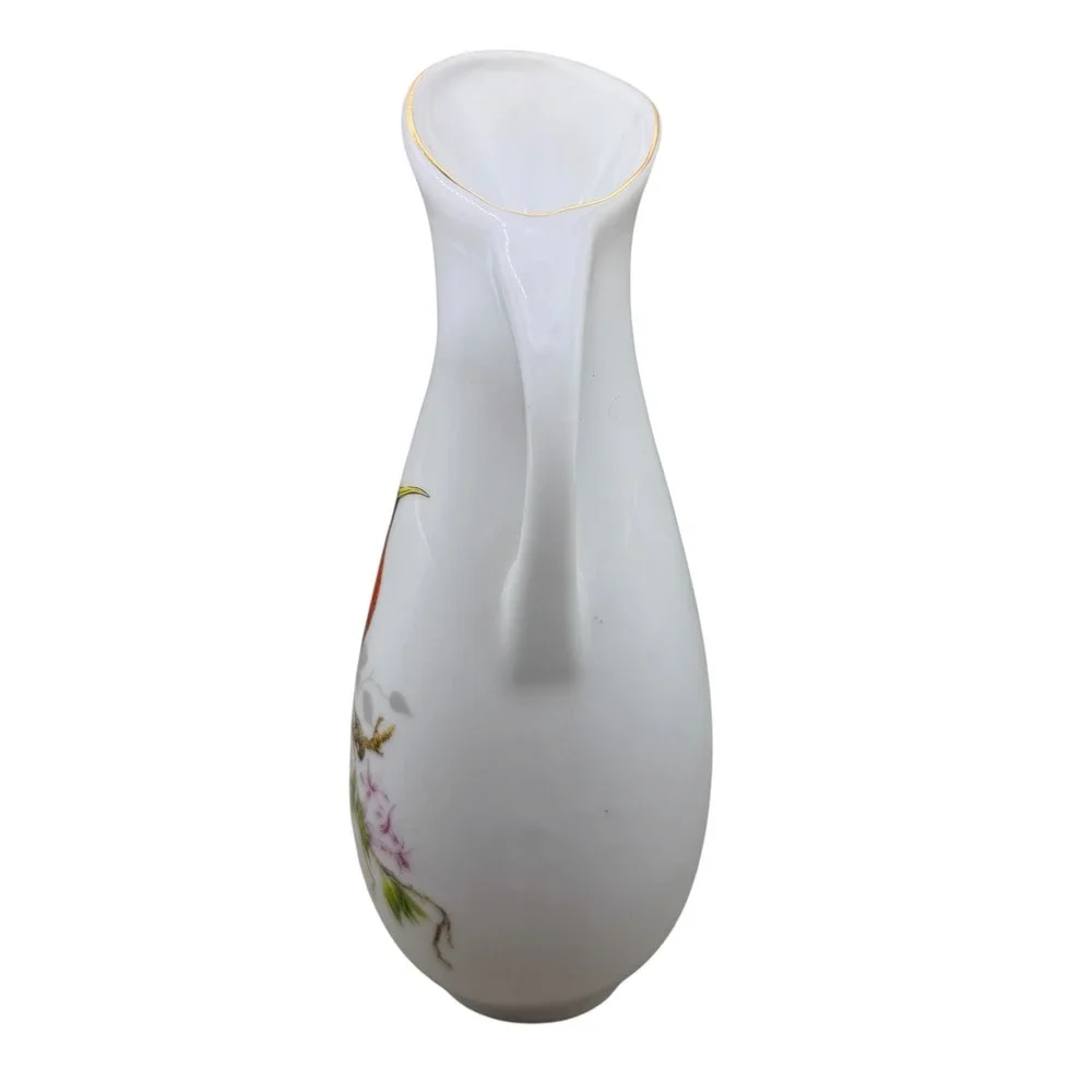 Vintage White Porcelain Bird Pitcher Vase Gold Trim Taiwan Songbird Decor‎